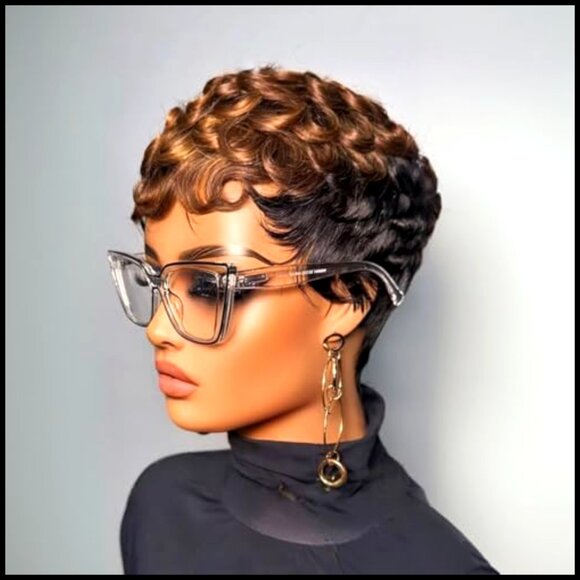 Short Layered Pixie Cut Human Hair Wig Glueless Design With Bangs